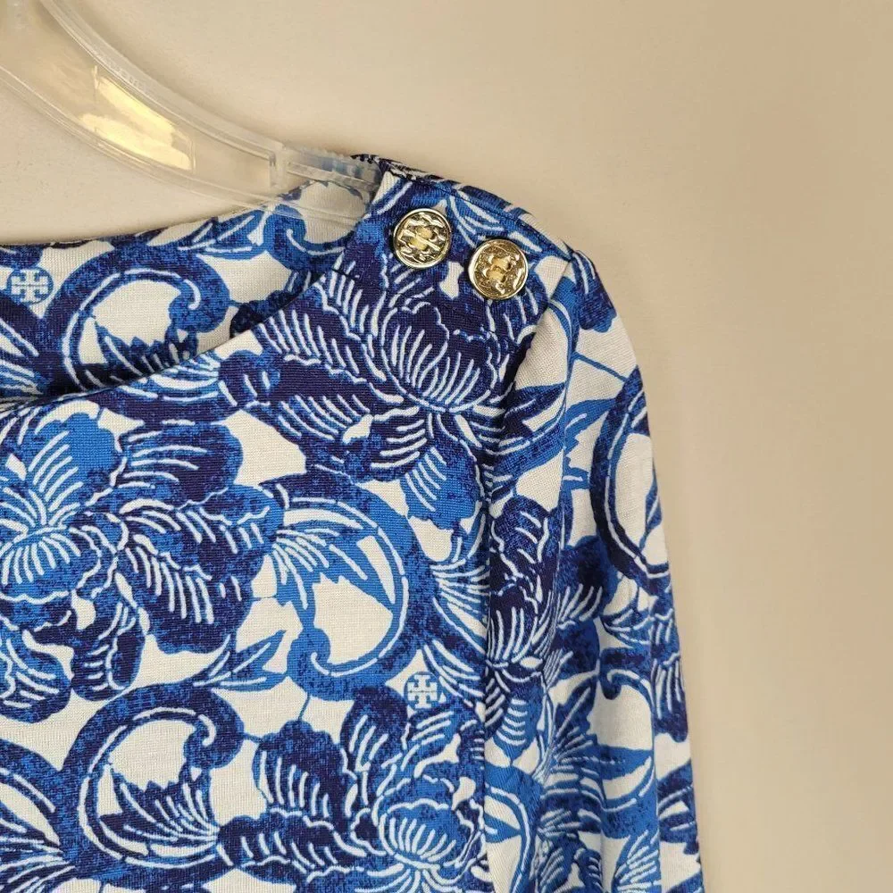 Tory Burch Sheila Floral Silk Dress Knee Lenght 3/4 Sleeve Blue White Size S